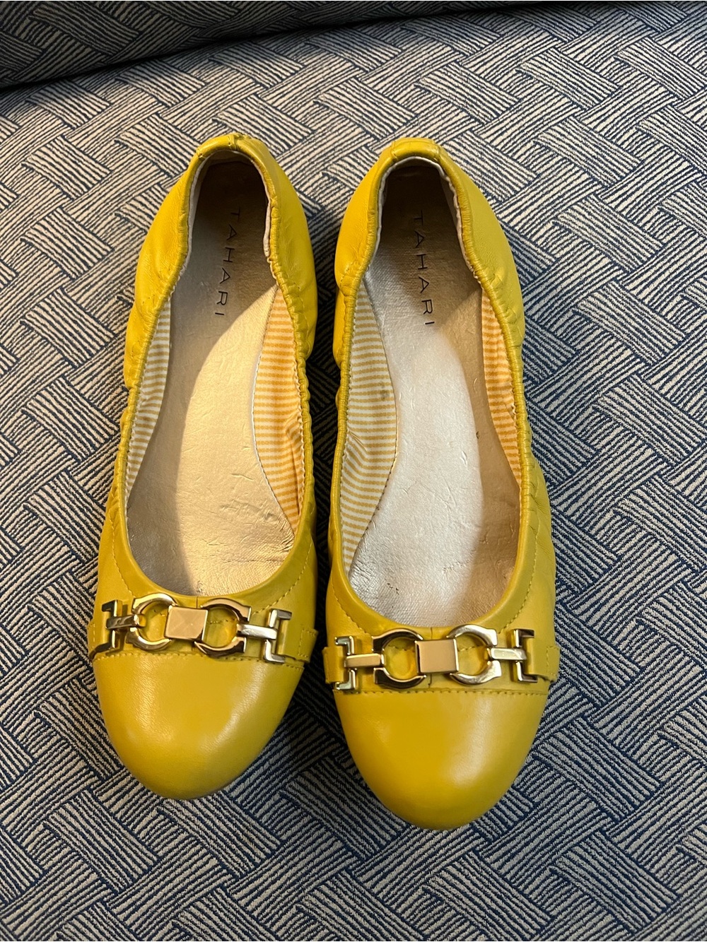 Tahari Yellow Leather Slip-On Flats with Gold Chain Detail